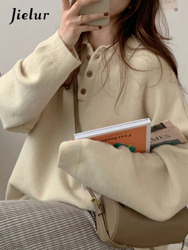 Jielur Autumn Casual Loose Pullovers Woman Street Solid Color Slim Female Apricot Polo Knitted Fashion Women Top 250911