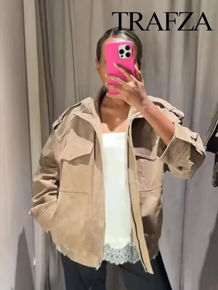 Women Suede Jacket Spring Fashion Long Sleeve Zipper Loose Coat Chic Female High Street Outerwear 250911