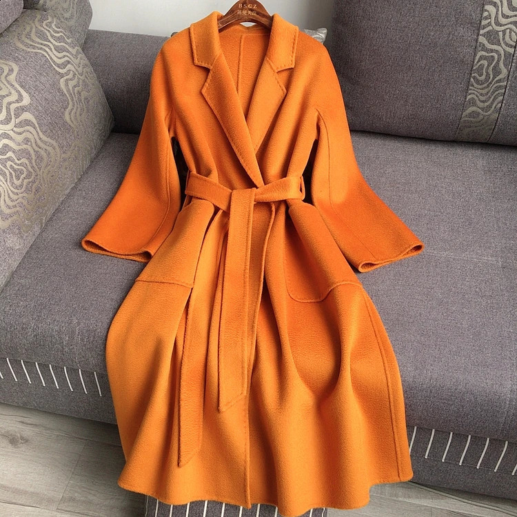 Casual Big Size Thick Water Ripple Handmade Doublesided Wool Women Coat Lapel Long Seelve Loose Belt Jacket Autumn Winter 250911