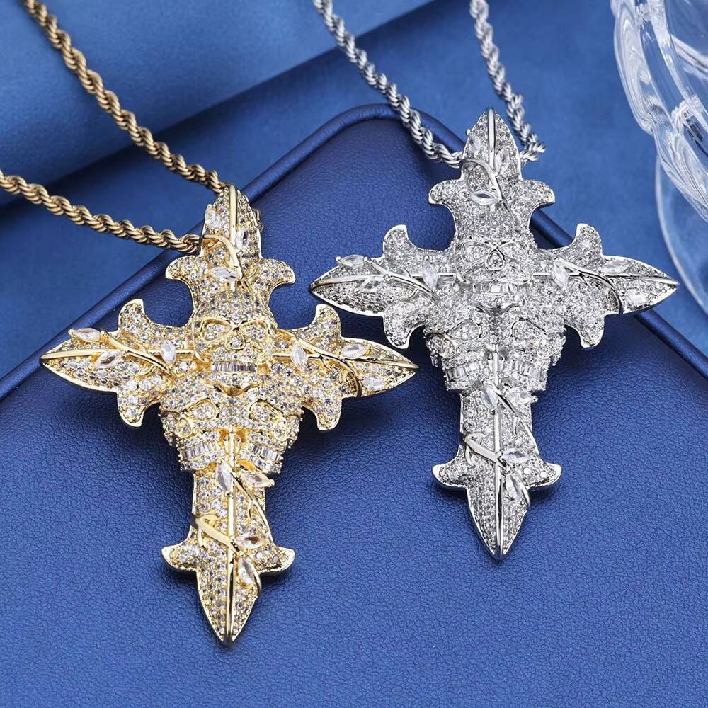 Mens Retro Hip Hop Brass Pendant Necklace with Skull Cross and Zircon Rope Chain for Anniversary Occasions