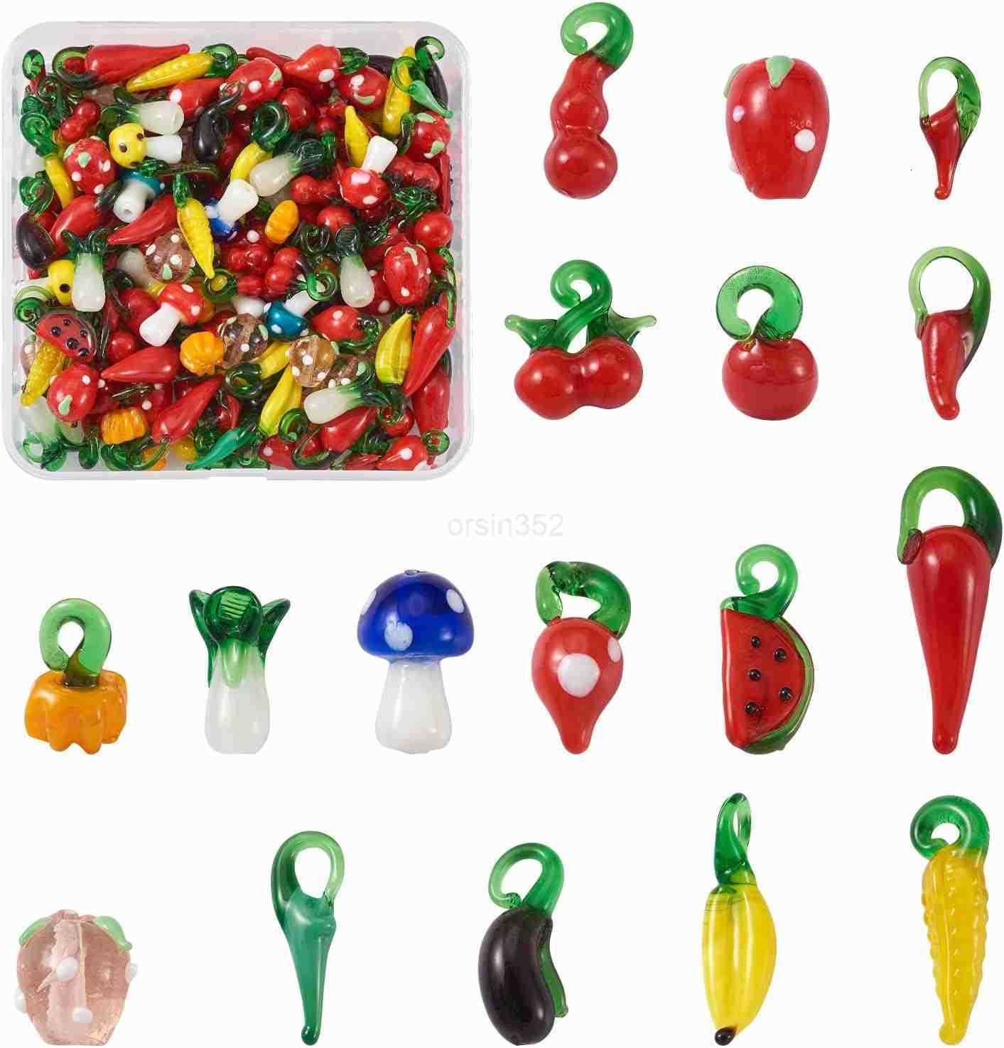 200pcs Fruit Vegetable Lampwork Glass Charm Pendants Handmade Colorful Cherry Pumpkin Chili Glass Dangle Charm Beads for DIY Charm s Necklace FW250911