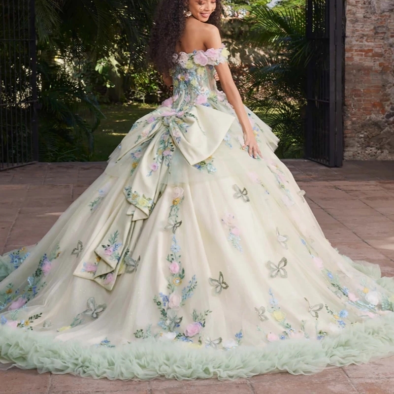 Light Green Quinceanera Dresses Ball Gown Off The Shoulder Applique Flower Bow Beads Tull Tiered Sweet 16 Dress Vestidos 15 De Anos