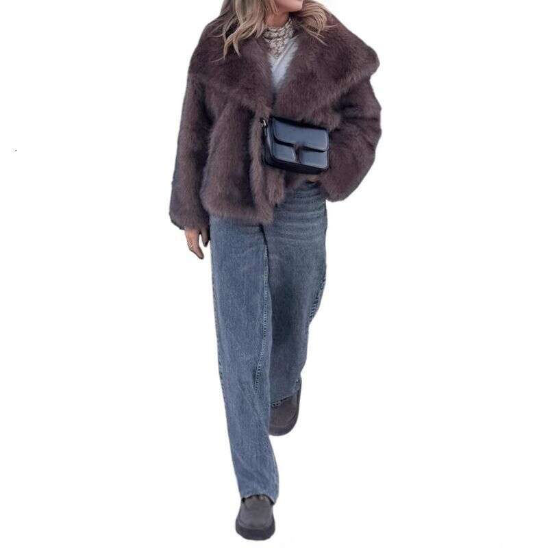 Women's Clothing Solid Color Large Lapel Plush Fur Autumn And Winter Warm Fashion Loose Long Sleeved Coffee Colored Coat