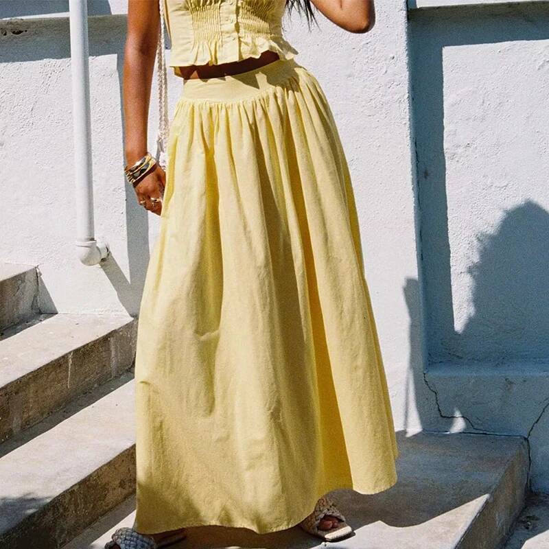 YENKYE 2025 Women Yellow White Cotton Big Swing Long Skirt Vintage High Waist Side Zipper A-line Summer Skirts Holiday dongdumaoyi