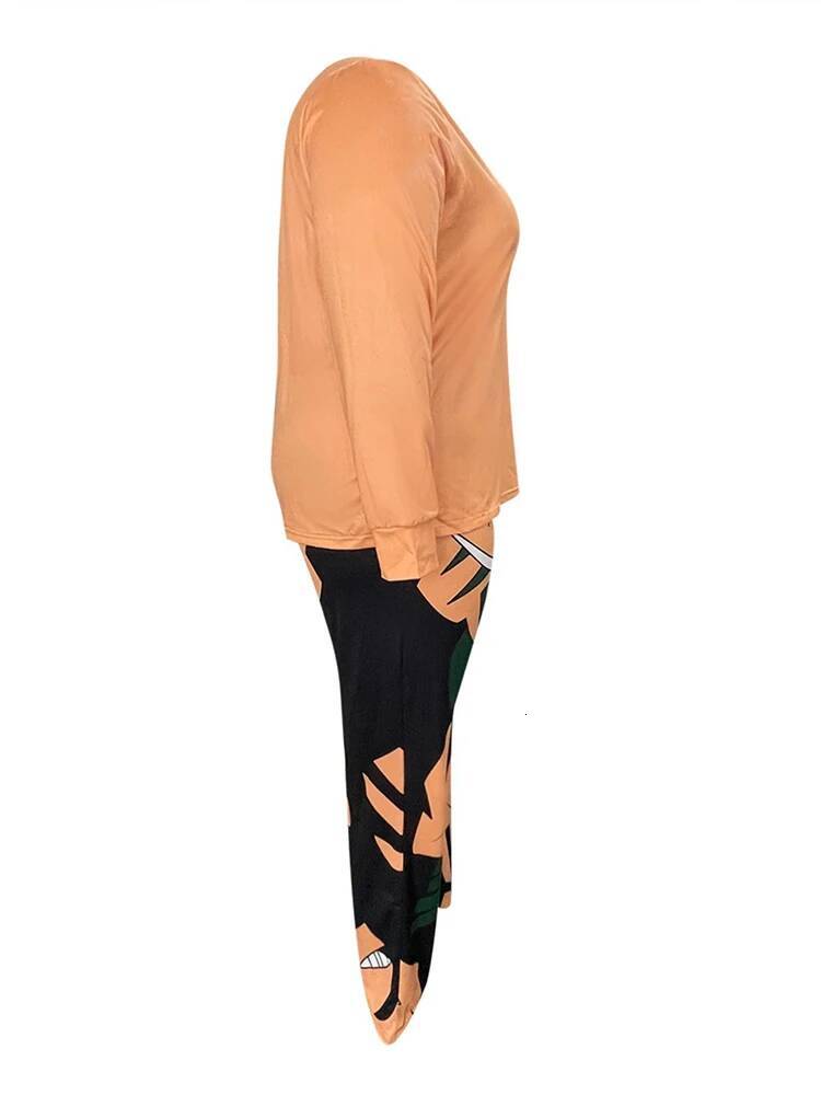 LW Plus Pants 2 Piece Outfits for Women 2025 Spring V Neck Mixed Plant Print Pant Suit Woman Casual Large Size Trousers Set