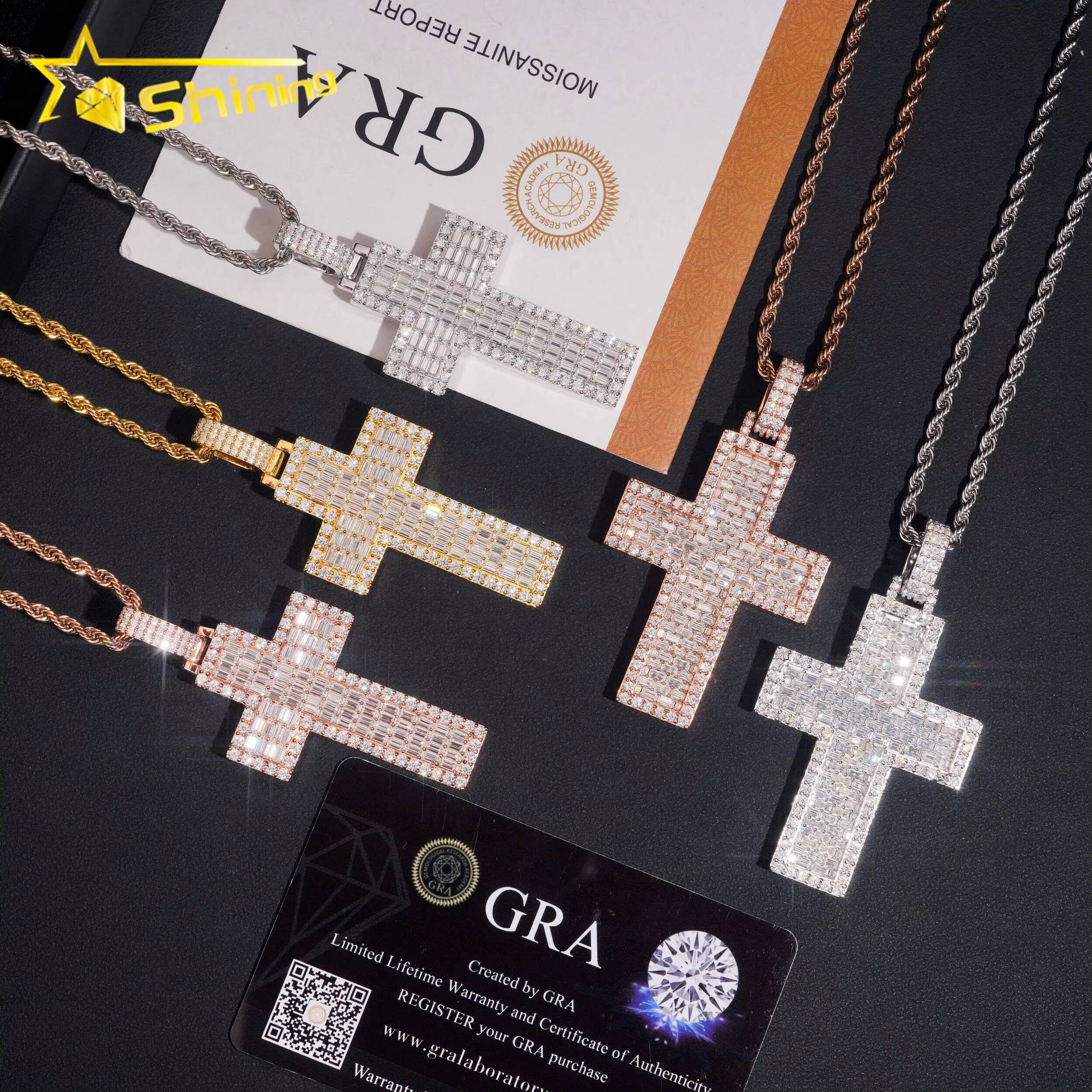 Pass Diamond Tester Baguette Diamond 925 Silver Iced Out Mens Cross Moissanite Hip Hop Pendant