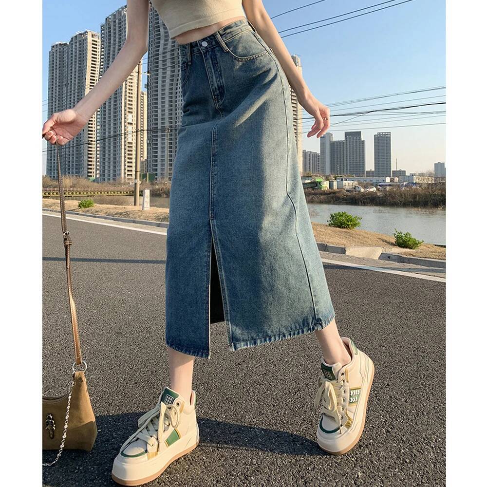 Summer Women High-waist Retro A- line Pockets Front Slit Washed Blue Denim Skirts Hip-covering Straight Long Jeans Skirt dongdumaoyi