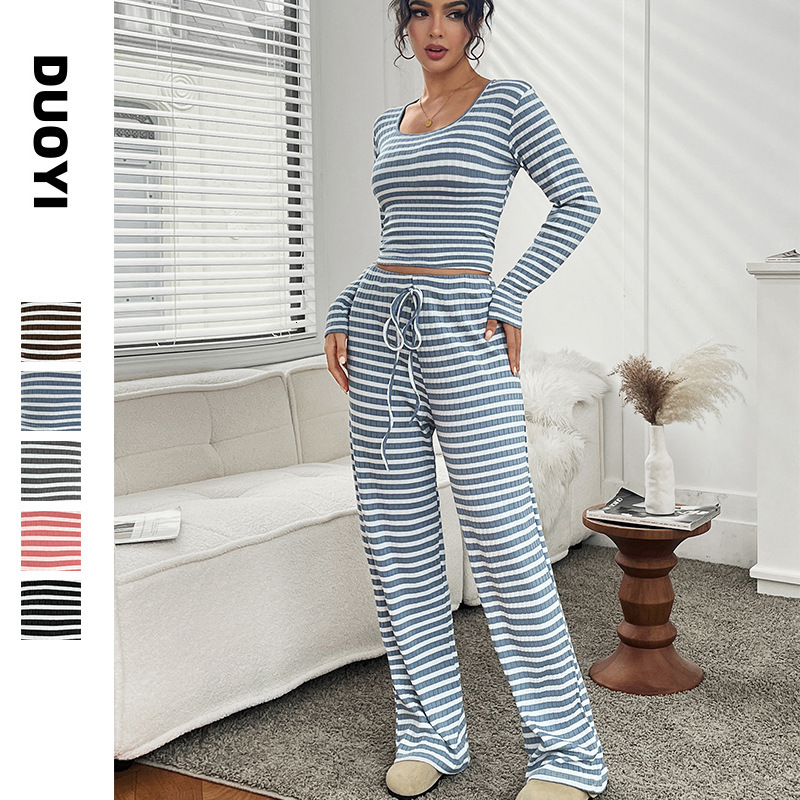 2025 Autumn New Women's S-striped Square Women's Long sleeved Top Collar Long sleeved Drawstring Pants Set Autumn/Winter New Designer Knitte