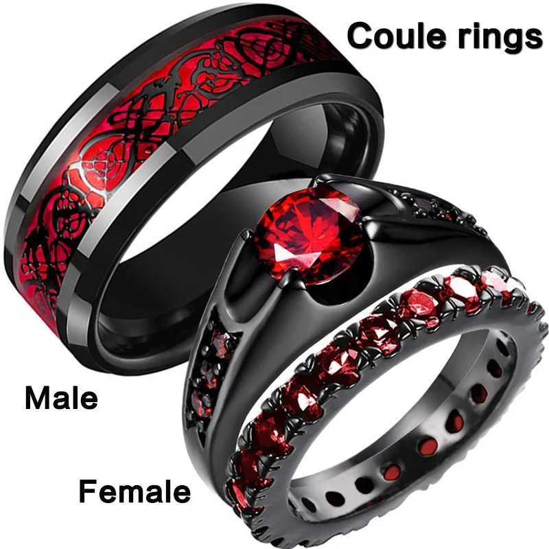 Charm Couple Rings For Men Stainless Steel Celtic Dragon Ring Heart Red Zircon Women Wedding Rings Set Valentines Day Jewelry W250911