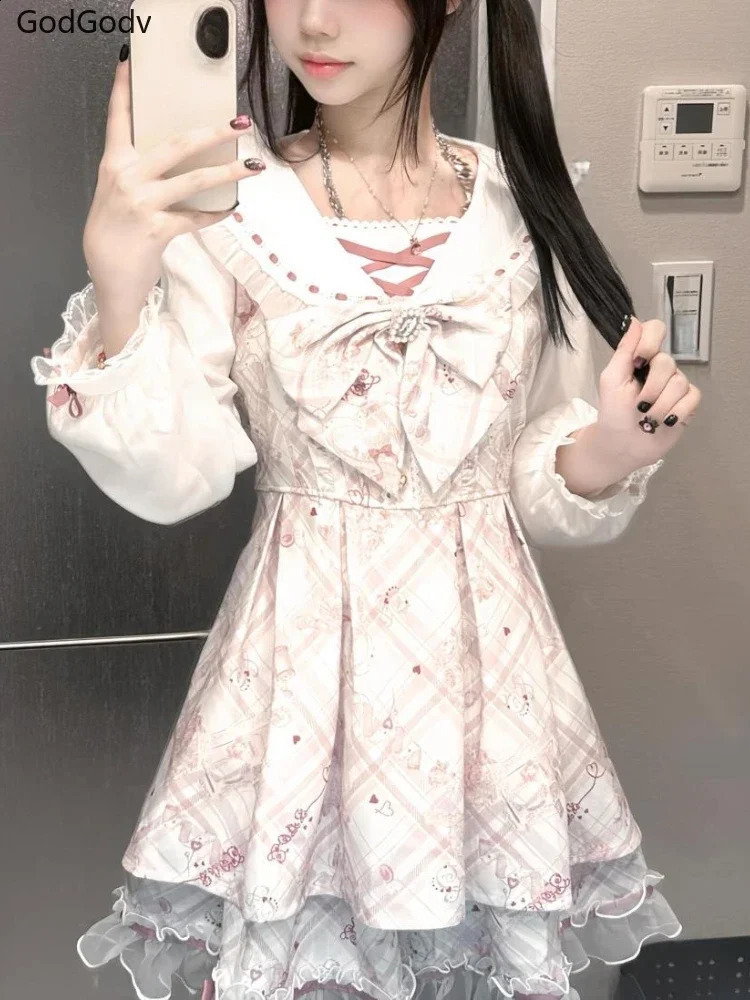 2025 Japanese Sweet Lolita Kawaii Dress Women Spring Printed Bow fake Two Piece Dress Female Korea Style Party Clothing250910