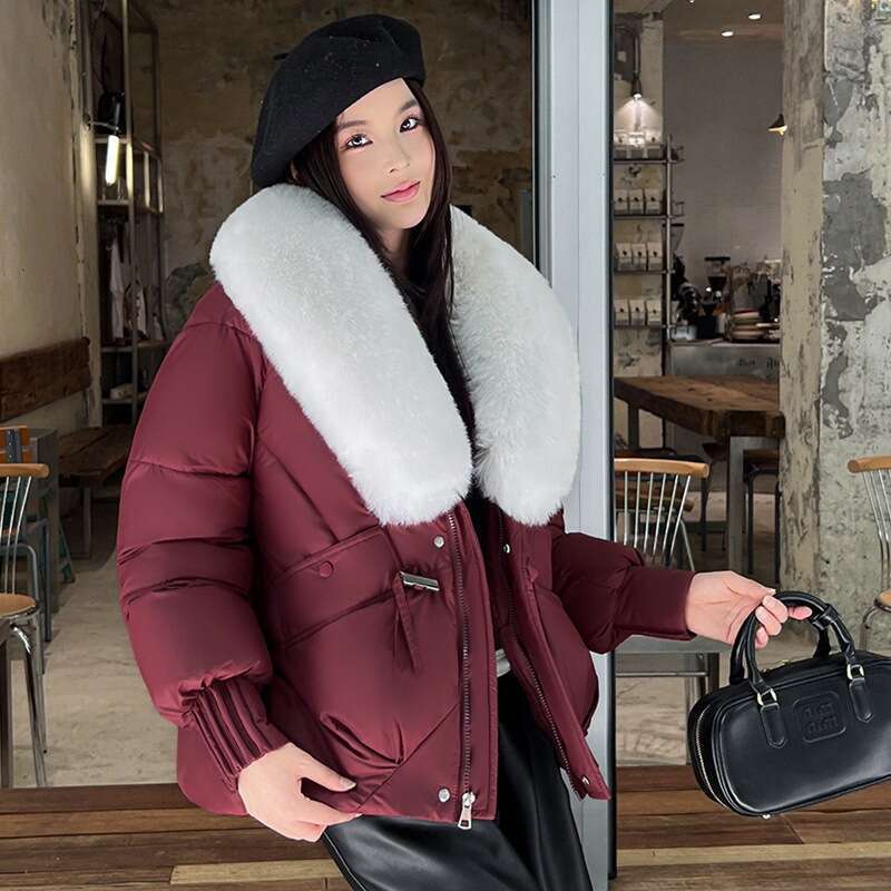 Phoenix Down for Women Winter New Large Fur Collar Short Puffer Jacket Loose Cotton Coat Outerwear