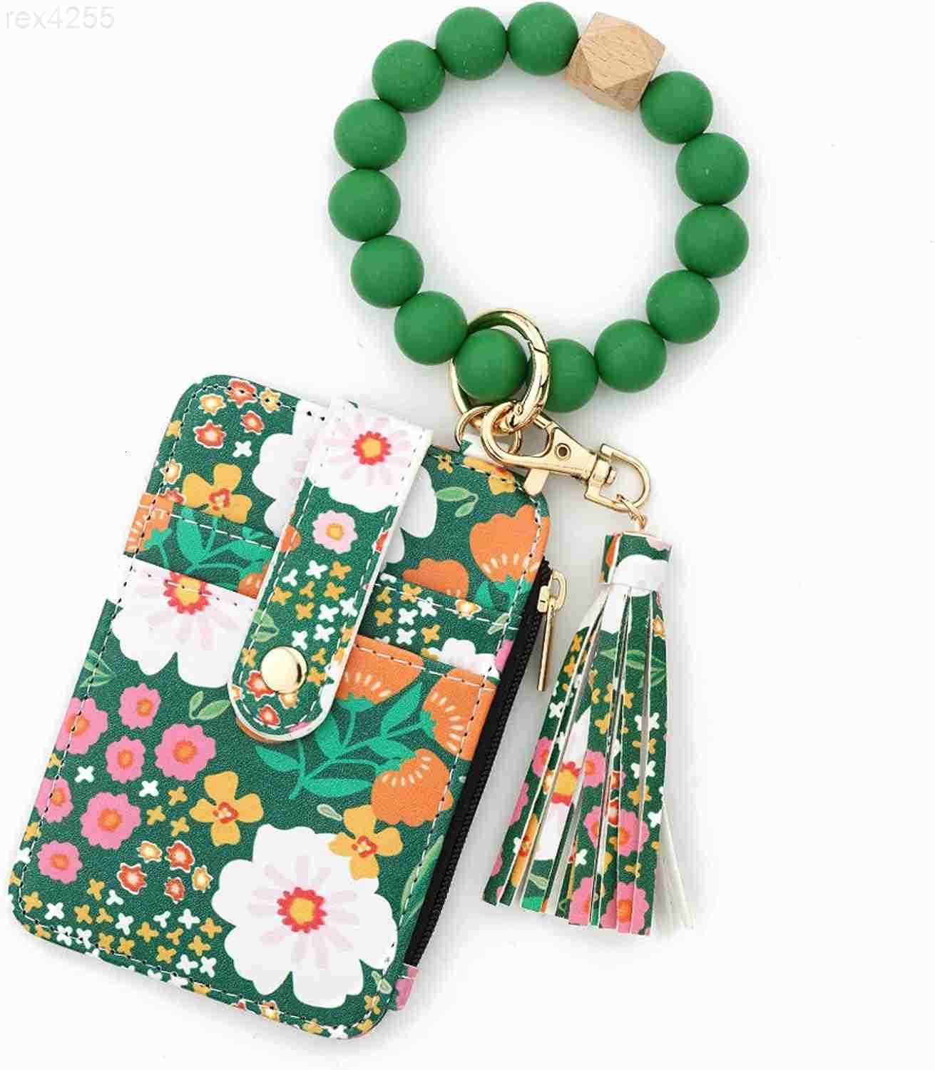 Flower Keychain Wristlet Wallets for Women Cute Silicone Beaded Credit Card Holder Aesthetic Key Ring Bracelet Leopard Wallet GreenW250911