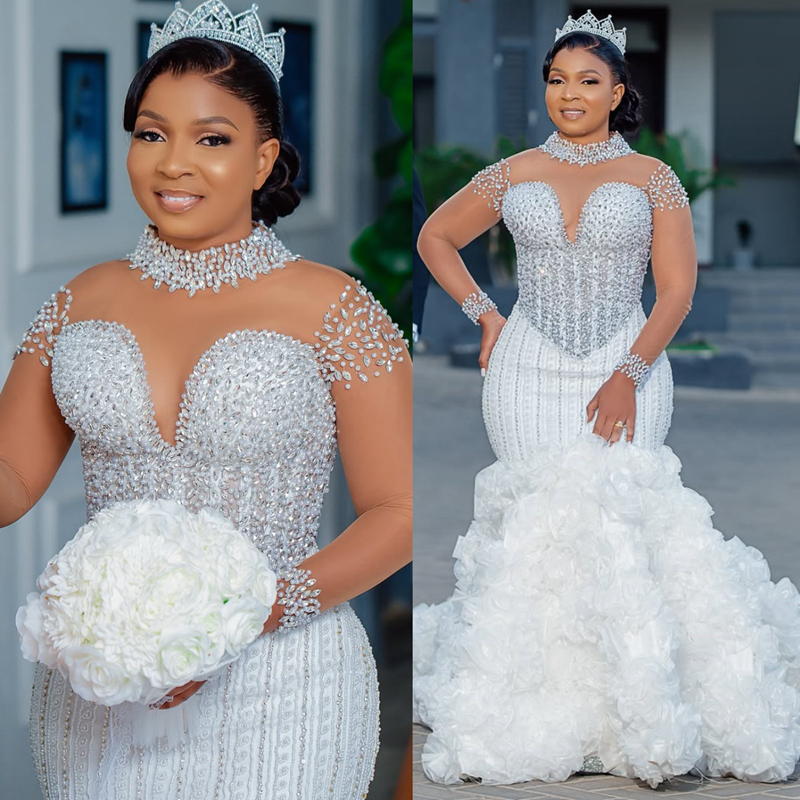 2025 Plus Size Aso Ebi Wedding Dress Bridal Gowns For Bride Mermaid High Neck Illusion Beaded Lace Pearls Ruffles Tiers Rhinestones Wedding Gowns For 