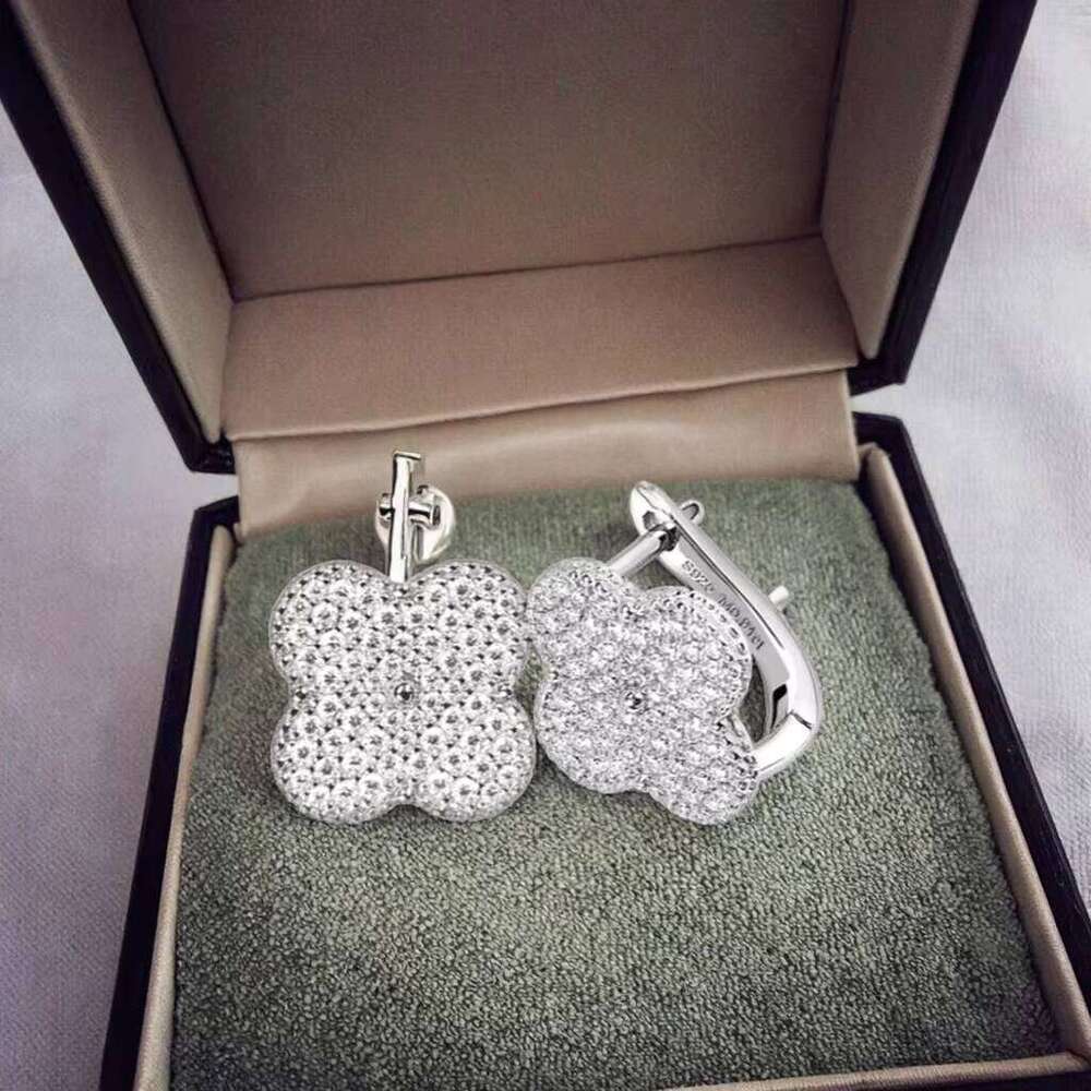 Certified Women's Sterling Sier Moissanite Flower Earrings with Four-leaf Clover Clip Full Cluster