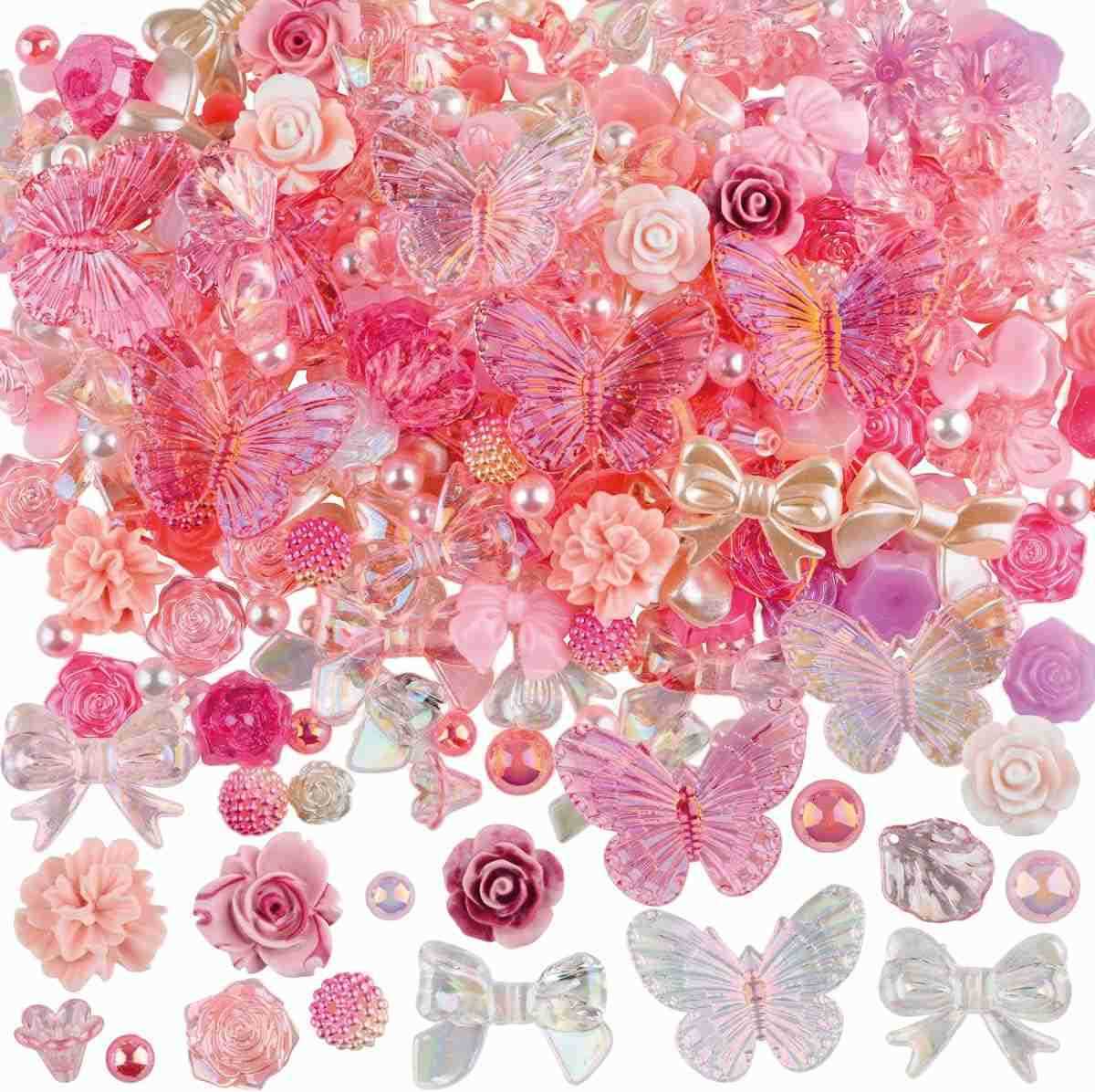 350 Pieces 3D Resin ABS Colorful Rose Flower Bows Butterfly Charms with Flatback Half Round Pearl Beads for Earring Necklace Craft DIY Making Supplies