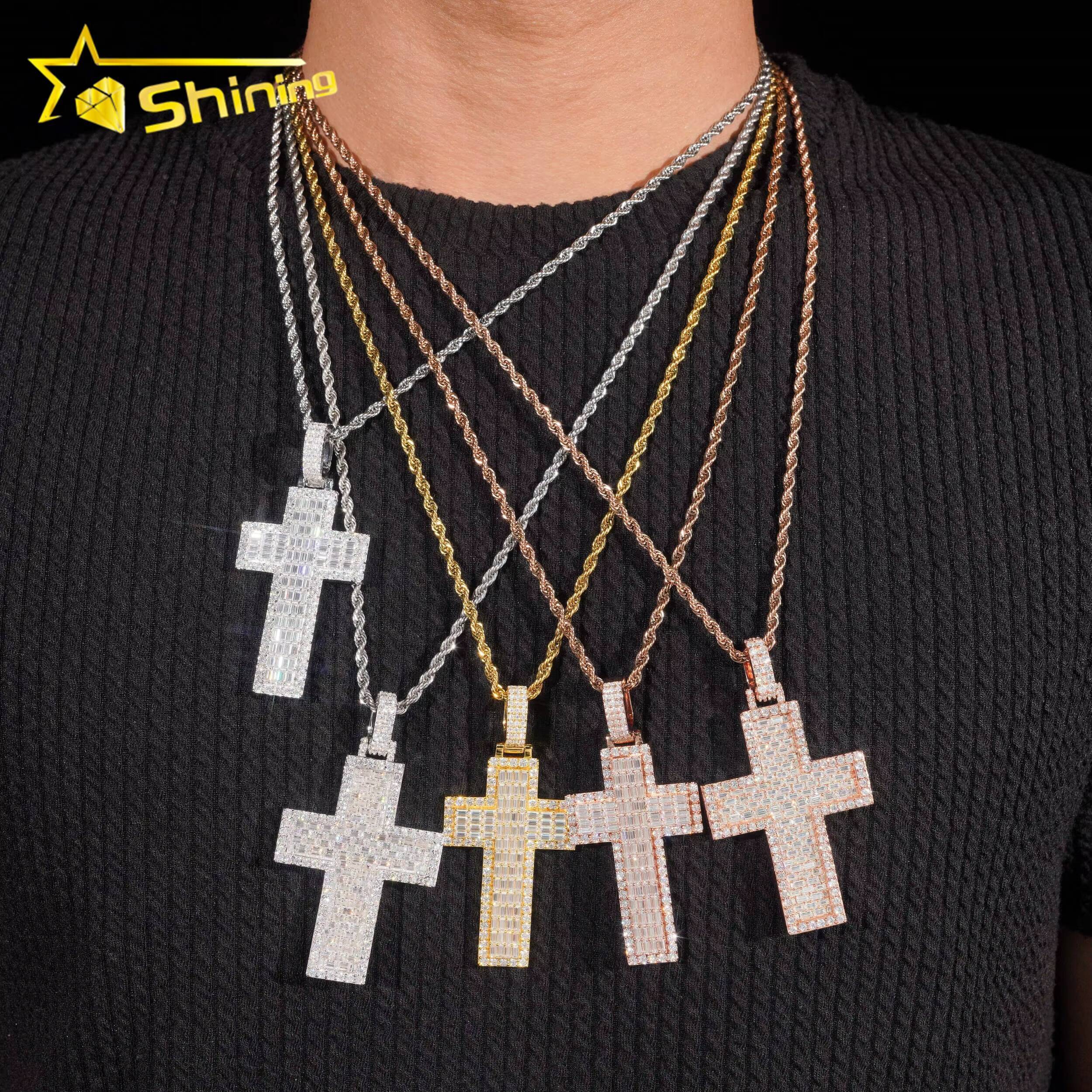 Pass Diamond Tester Baguette Diamond 925 Silver Iced Out Mens Cross Moissanite Hip Hop Pendant