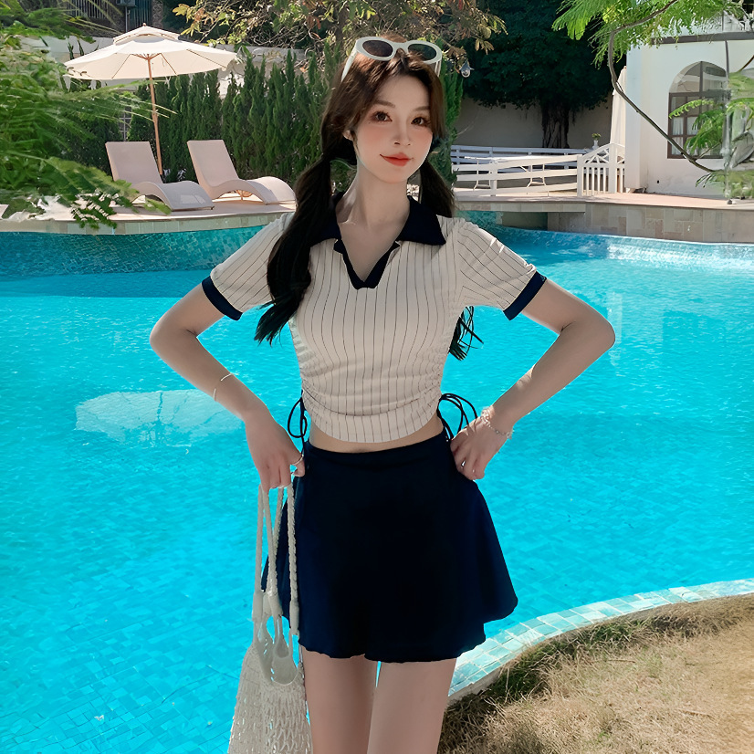 2025 New Women's Two-Piece Slimming Covering Student College Style Skirt Short Sleeve Cute Swimsuit Set
