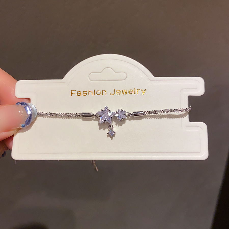 Silver - Toned Bracelet With Star - Shaped Crystal Details, Dainty Hanging Accent Delicate Daily & Dreamy Jewelry Gift For Her High - Quality And Eleg