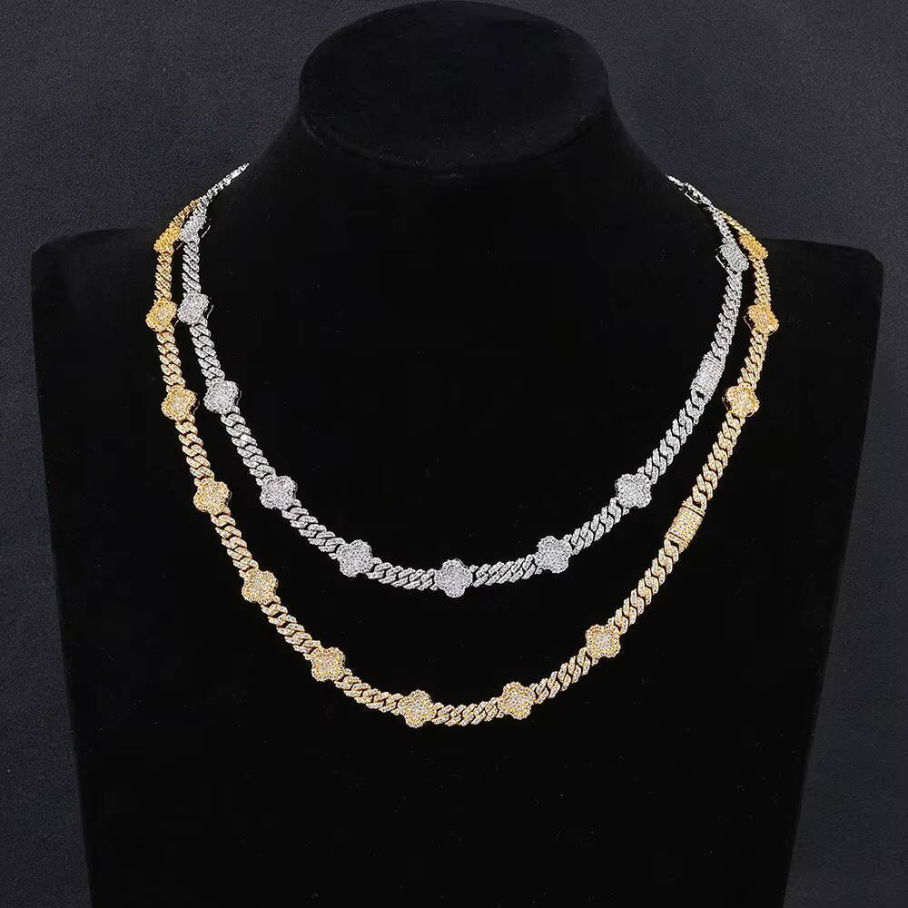 NUOYA Four Leaf Clover Design 6MM Cuban Chain Shiny Single Row Diamond Prong Cuban Link Chain Necklace Women Jewelry for Gift
