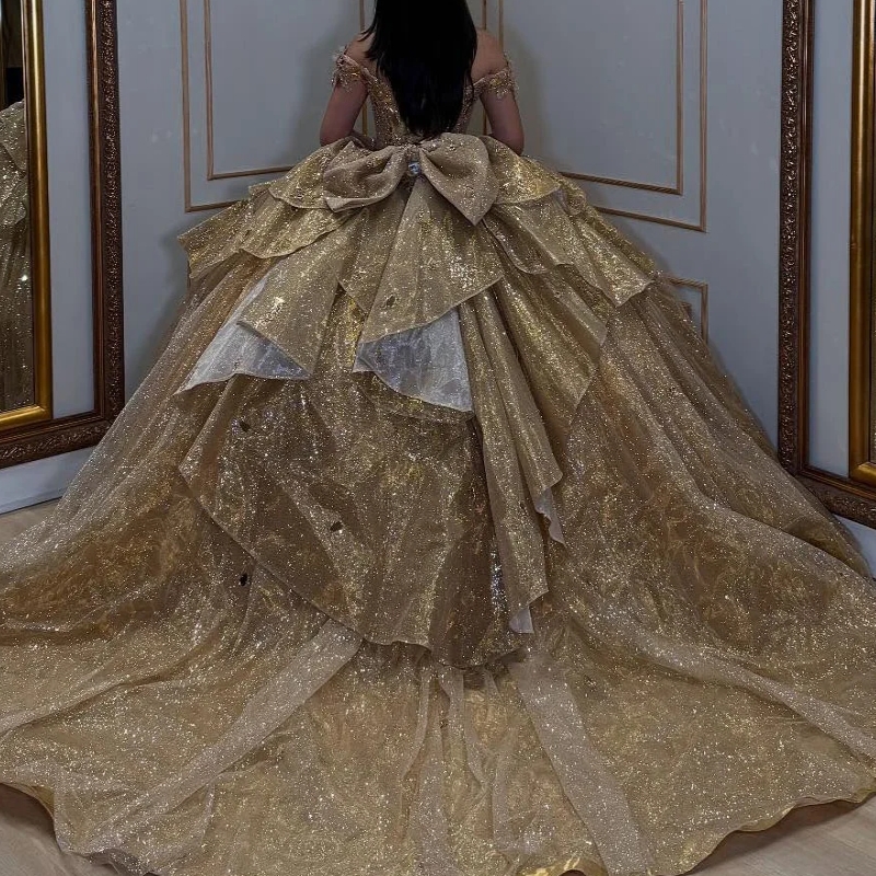 Gold Shiny Off The Shoulder Quinceanera Dresses Ball Gown Beading Crystal Bow Party Birthday Sweet 16 Dress Vestidos De 15 Anos