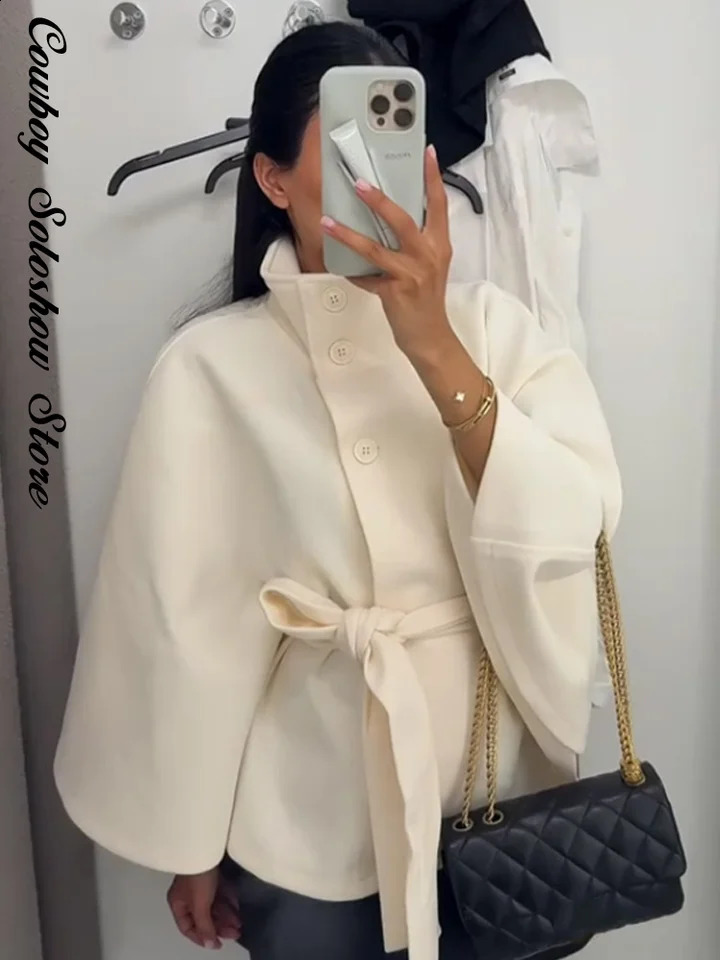 Autumn Lace Up Woolen Jacket Women Solid Stand Collar Single Breasted Long Batwing Sleeve Cape Coat Lady Loose Chic Outwear 250911