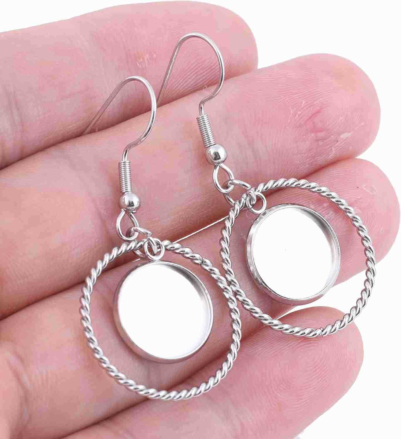 20pcs 12mm Cabochon Earring Setting Tray Blanks with Hoop Charms DIY Bezels for Earrings Making SuppliesW250911