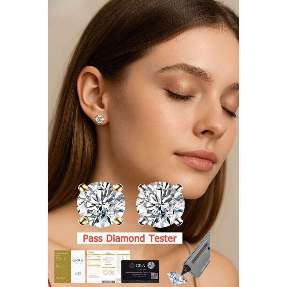 Classic Mossanite Dia Ear Stud 3-8mm 1ct 2ct 14K Gold Plated Sterling Sier VVS GRA Moissanite Earring for Women Men