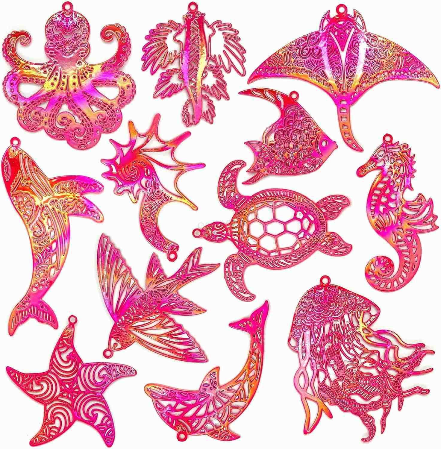 24pcs Assorted Ocean Charms Dazzling Colorful Filigree Metal Embellishment Hollow Sea Animal Pendants for DIY Jewelry Making Earrings Necklaces Hangin