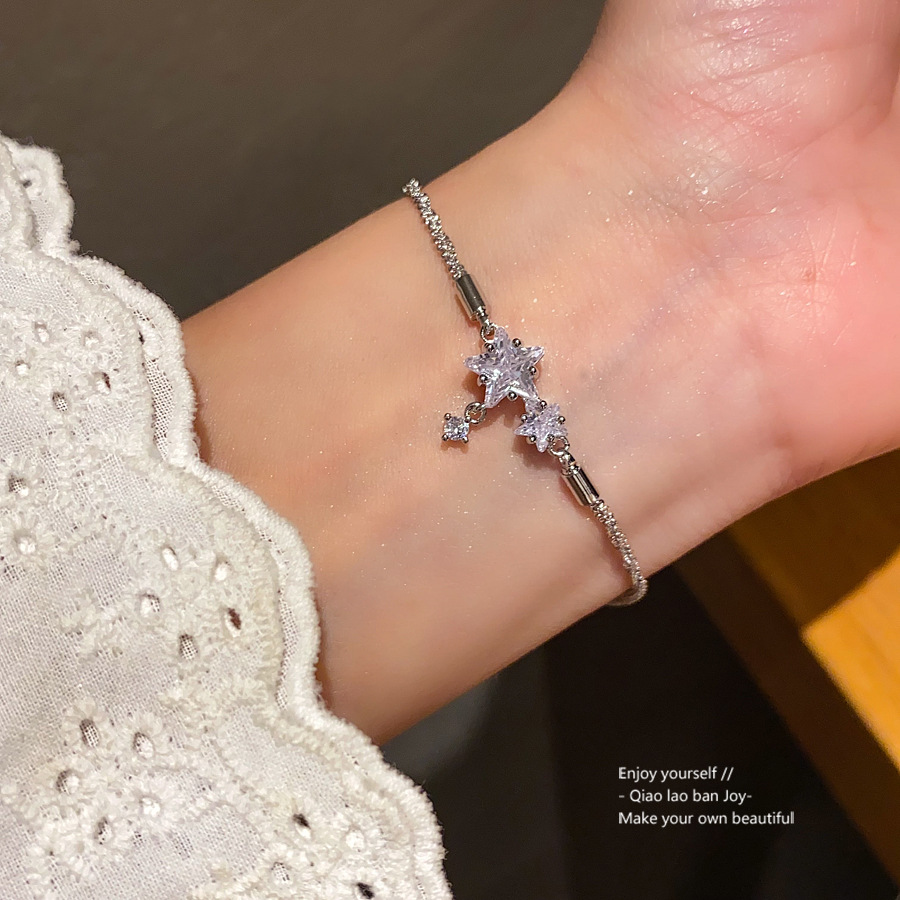 Silver - Toned Bracelet With Star - Shaped Crystal Details, Dainty Hanging Accent Delicate Daily & Dreamy Jewelry Gift For Her High - Quality And Eleg