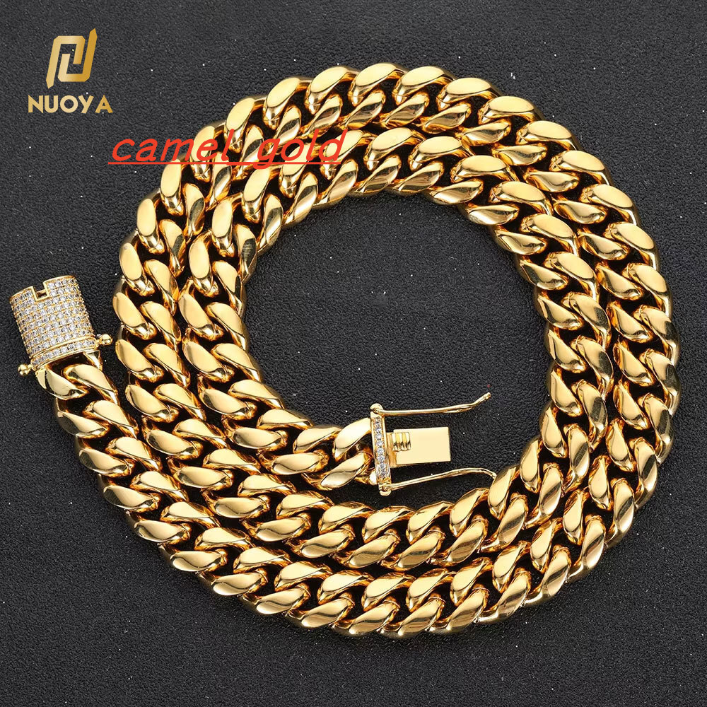 Hip Hop Iced Clasp Stainless Steel Miami 18K Gold Jewelry Mens Cuban Chain Cadena Cubana Necklaces