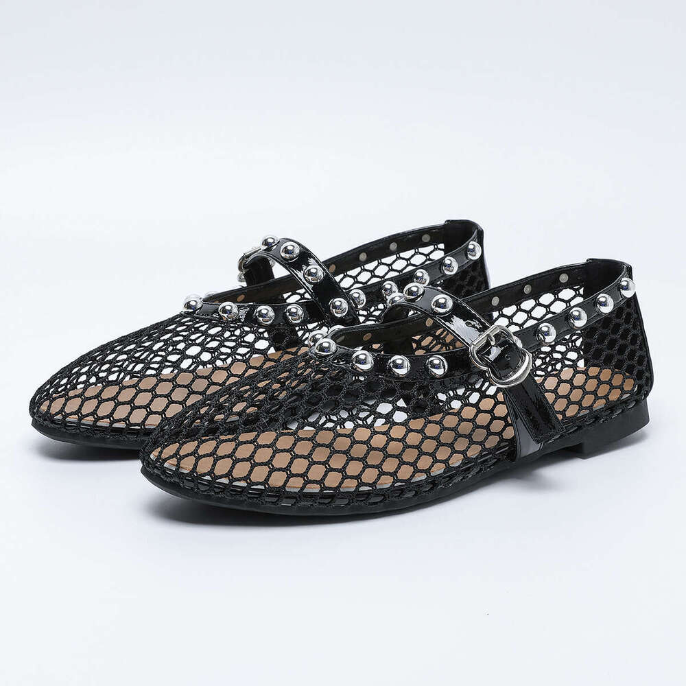 Designer Shoe 35-43 Large Spring Summer New Round Toe Flat Mesh Hollow Rivet Strap Mary Jane Plus Size Women's Shoes