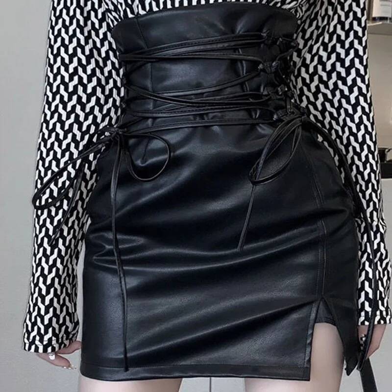 Black Leather Mini Skirts Women Gothic High Waist Slim Fit Lace Up Pencil Female Sexy Club Back Zipper Split Bag Hip Skirt dongdumaoyi