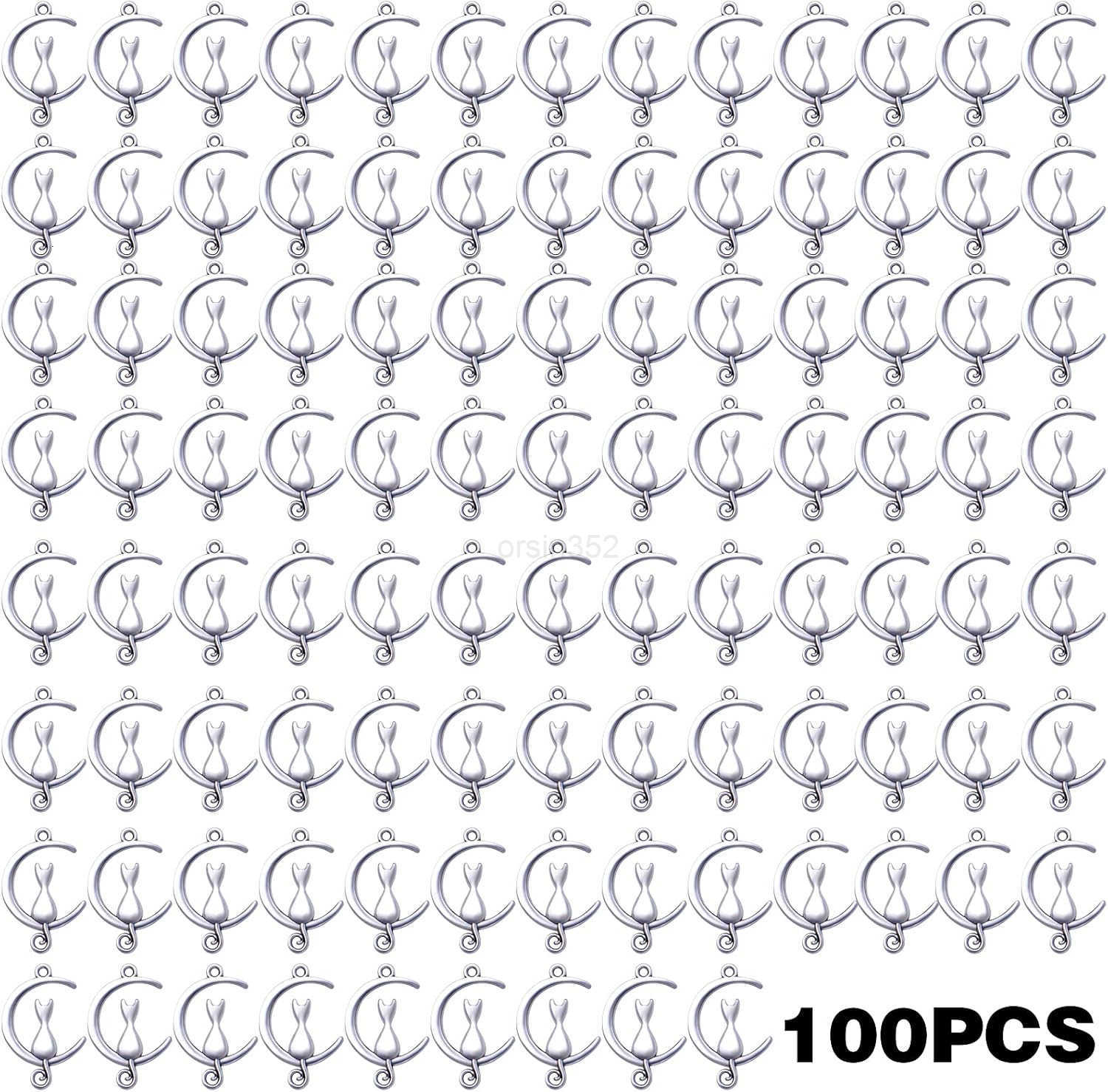 100pcs Cat in The Moon Charms Alloy Celestial Pendants Craft Supplies for DIY Earrings Necklace Jewelry Making Christmas Birthday Party Gifts 21 mm x 