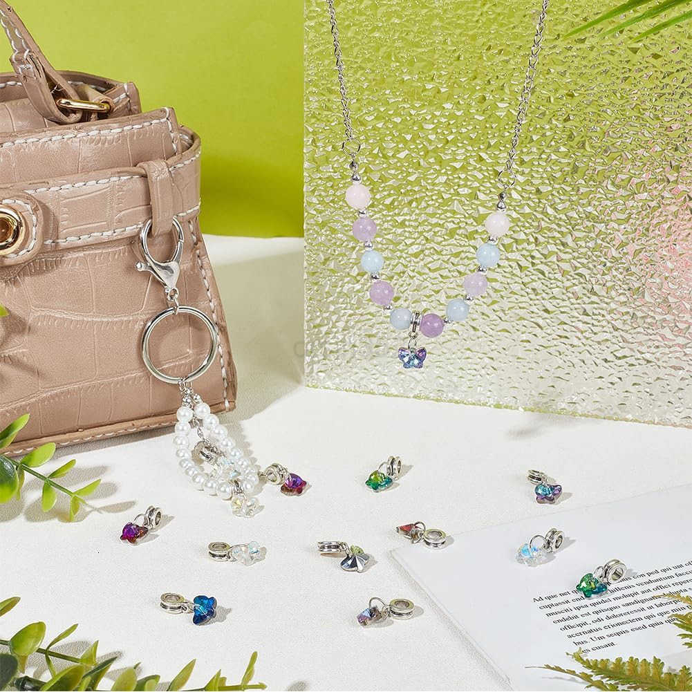 30pcs Butterfly Glass Charms Pendants 5 Colors Faceted Butterfly Crystal Dangle Charms with Bail Hanger Large Hole Transparent Beads for Necklace Earr