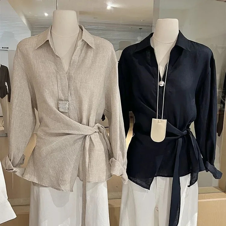 Loose Long Sleeve Womens Shirt Asymmetrical WaistCinching French Preppy Style Relaxed Fashion n Casual Top 250911