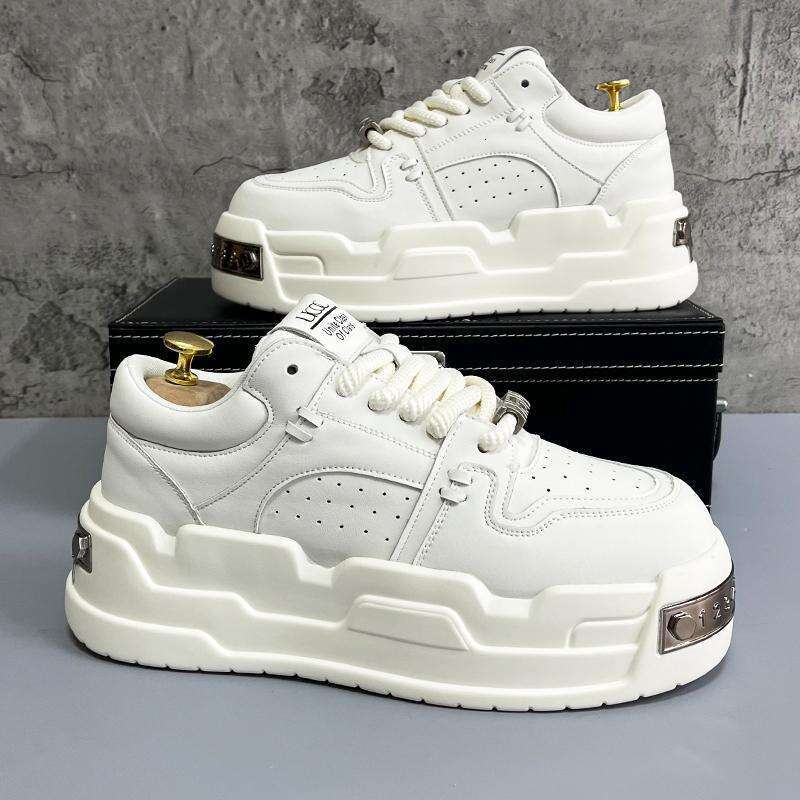 Men's Design White Thick Sole Trendy Sneakers Versatile Height-Increasing Loafers Fashionable Casual Shoes