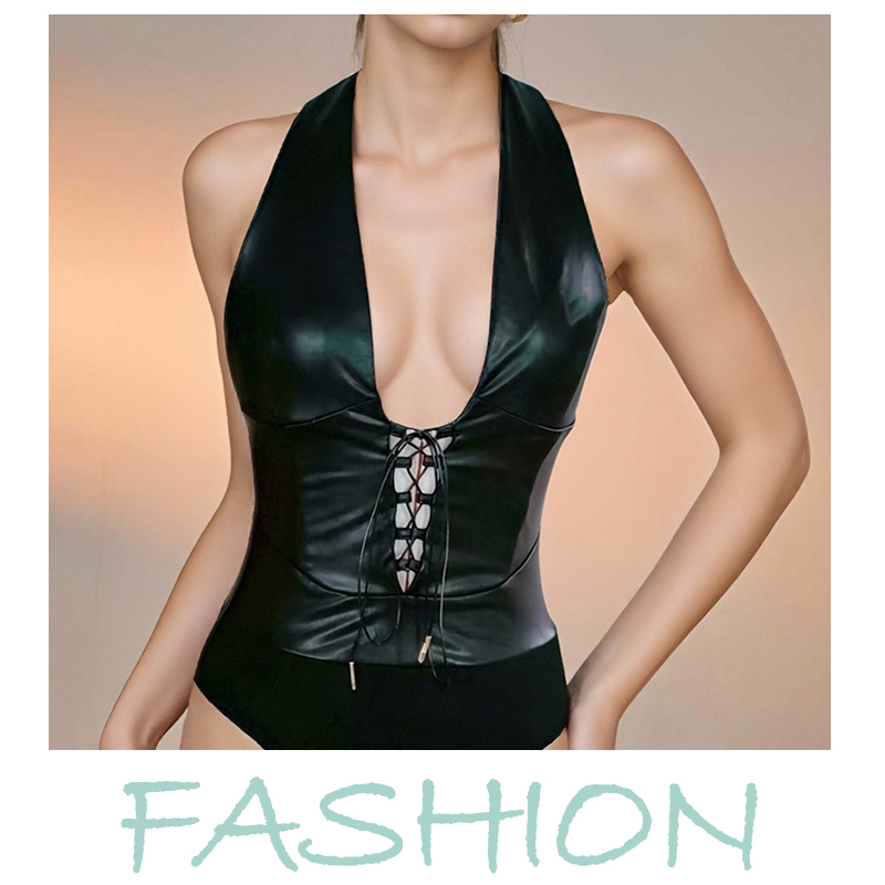 Women's Jumpsuits & Rompers Women's Black PU Leather Halter Deep V Lace - up Bodysuit