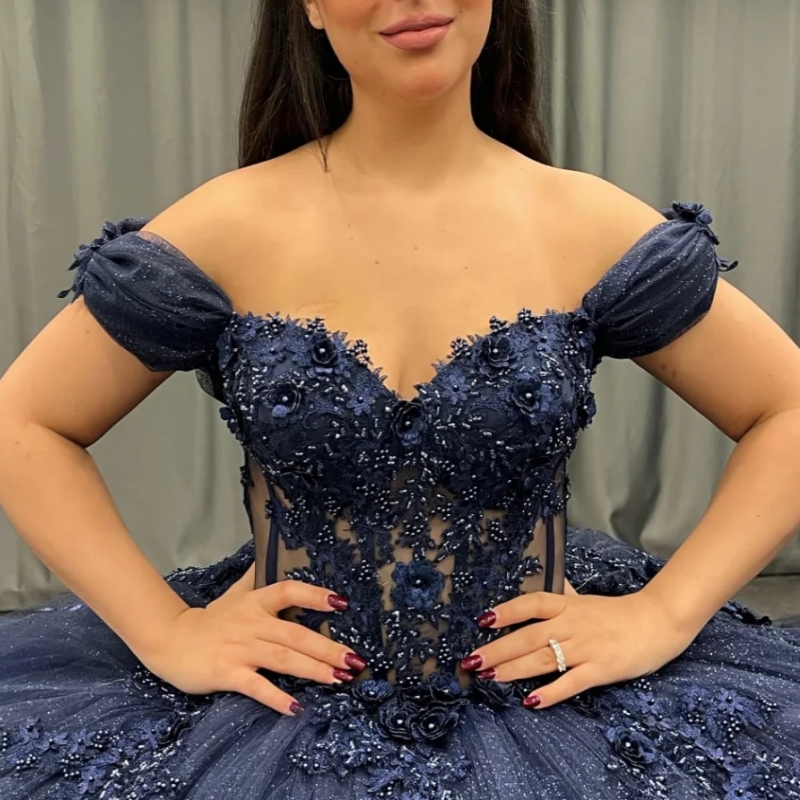 Navy Blue Shiny Ball Gown Quinceanera Dresses Off The Shoulder Applique Flower Beads Tiered Tull Party Birthday Sweet 16 Dress Vestidos 15 De Anos