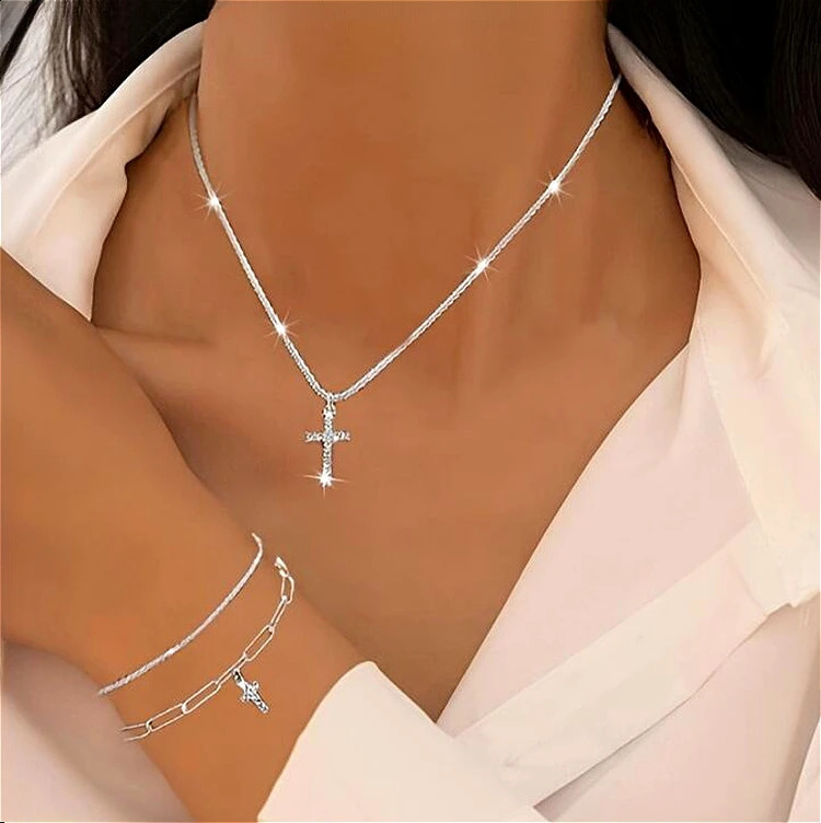 Sparkling 925 Sterling Silver Gypsophila Necklace Bracelet Set For Women Zircon Cross Pendant Three Piece Jewelry Set 250910