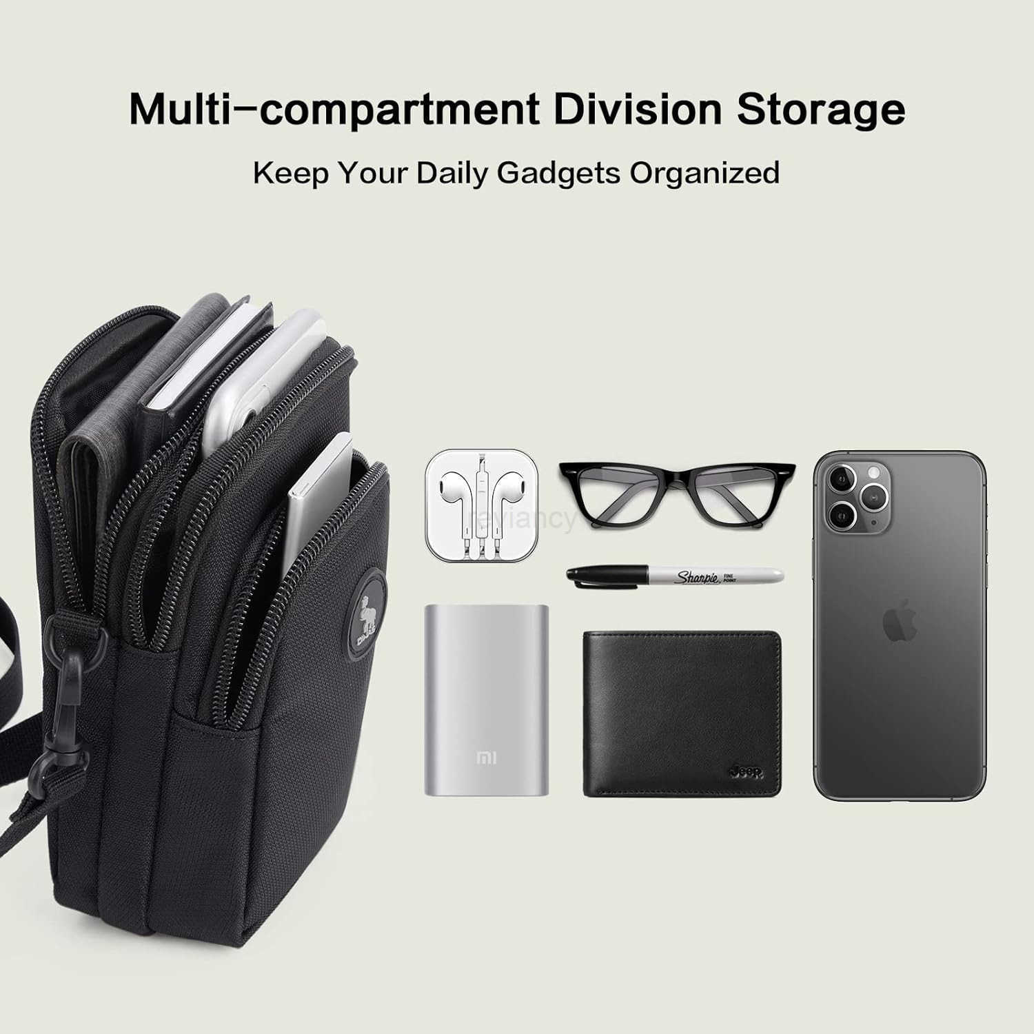 Mini Crossbody Bag for Men Multiple Ways to Carry as Shoulder Waist Pouch Sling Bag for Cell Phone Passport Wallet Mini Messenger Bag DetachableW25091