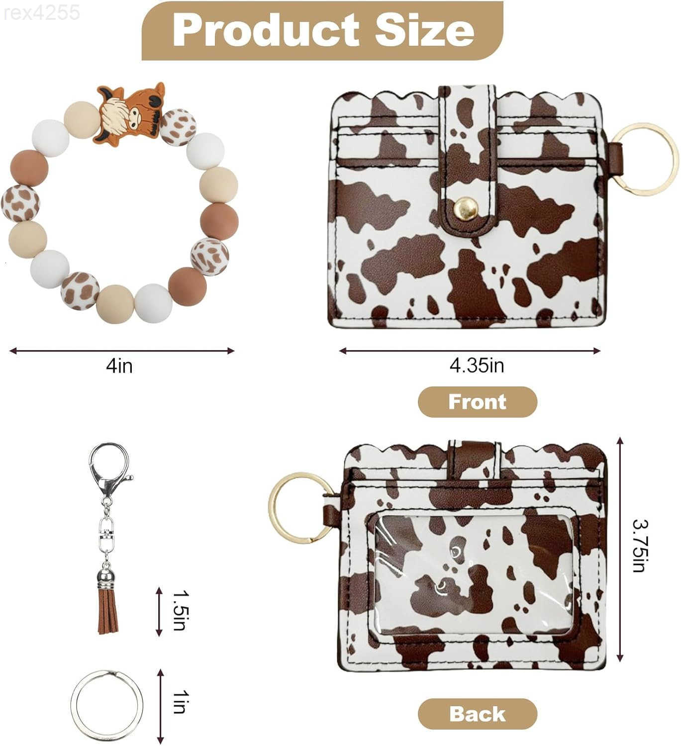 Cow Wristlet Bracelet Keychain with Wallet Card Holder Silicone Beaded Keyring Purse for Women GirlsW250911