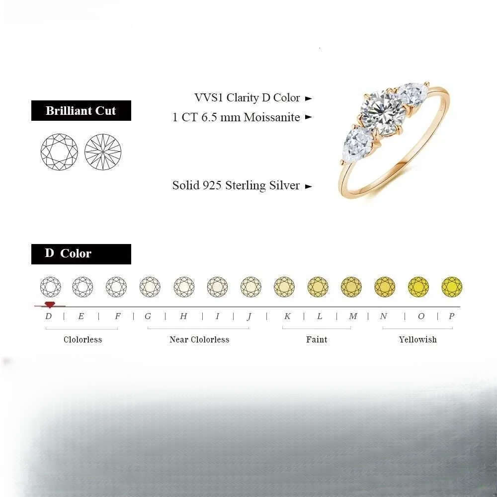 Cluster Attagems 2CT Moissanite Yellow Gold Plated Rings for Women D VVS1 Three Stone 6.5mm Round Ring Engagement Fine Wedding Jewelry L240910