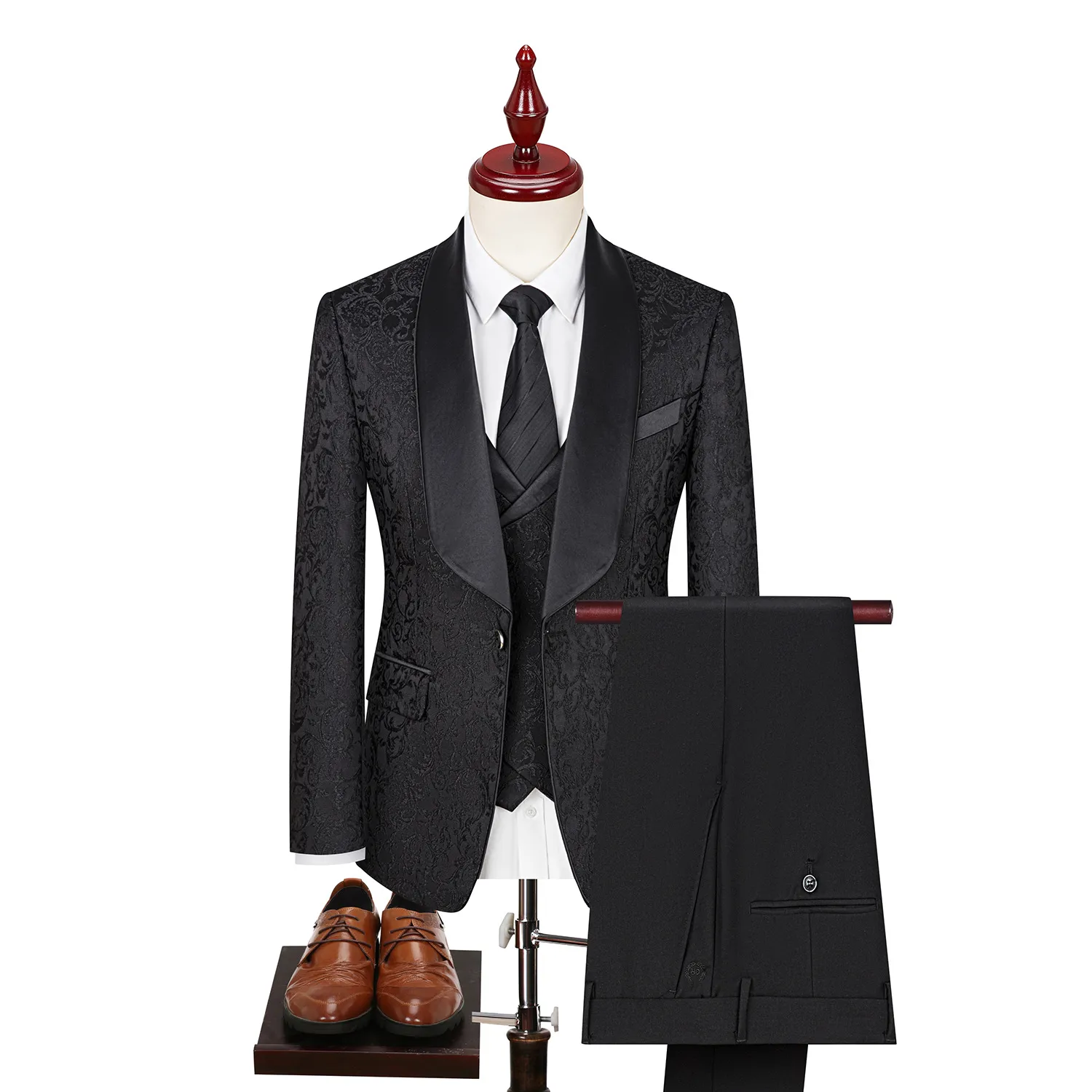 Men's Suits White 3 Piece Set Custom Wedding Jacquard Shawl Lapel XS-2XL Elegant Slim Fit (Jacket Vest Pants)