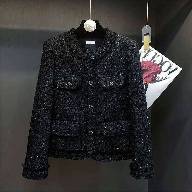 Black Jacket Women's Shiny Silk Cotton Autumn And Winter New French Socialite High-End Feeling Coarse Floral Wool Coat