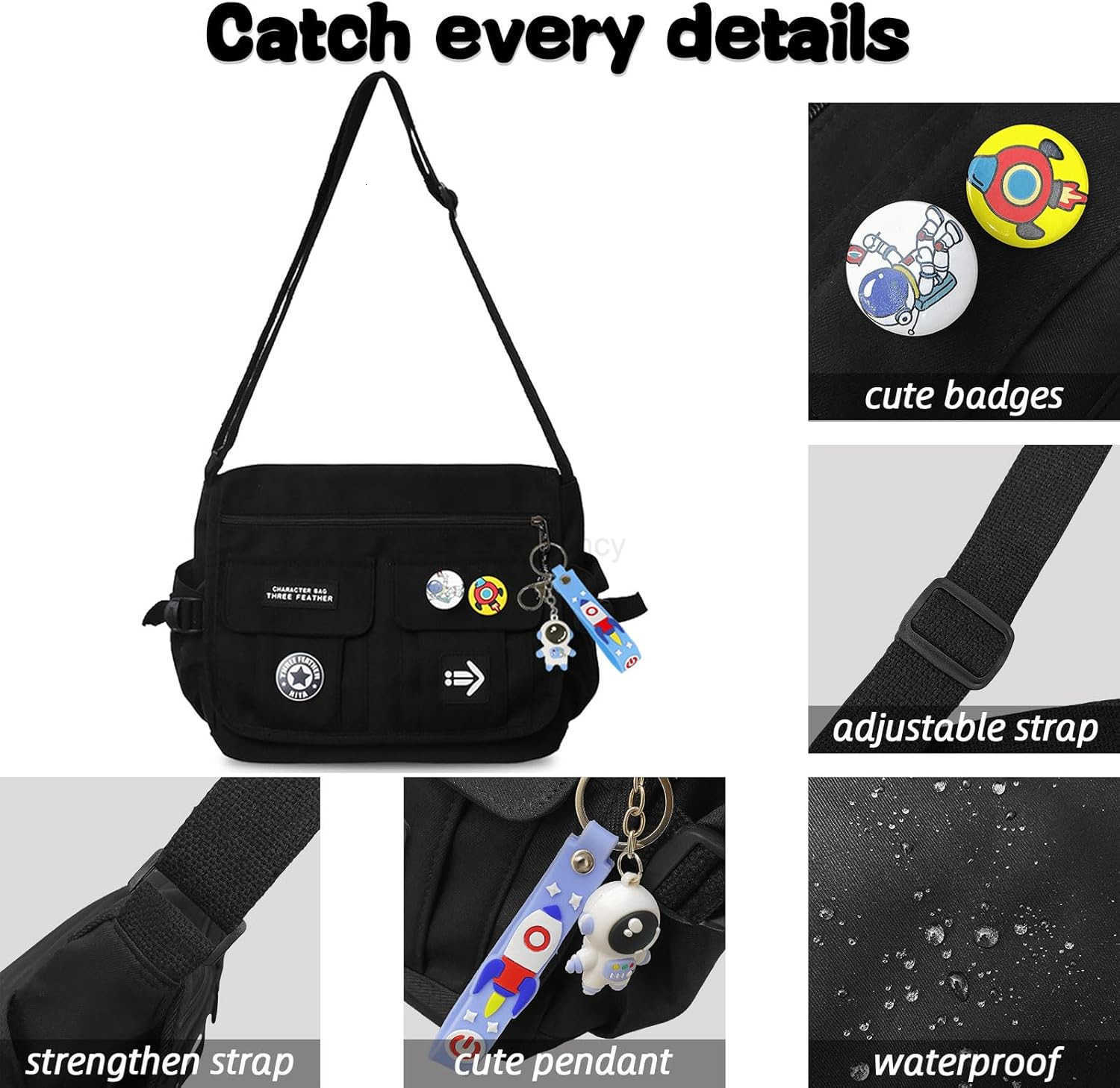 Fashion Crossbody Bag with Cute Accessories Nylon Casual Messenger Bag with Pendant Lightweight Handbag Travel Daypacks BlackW250911