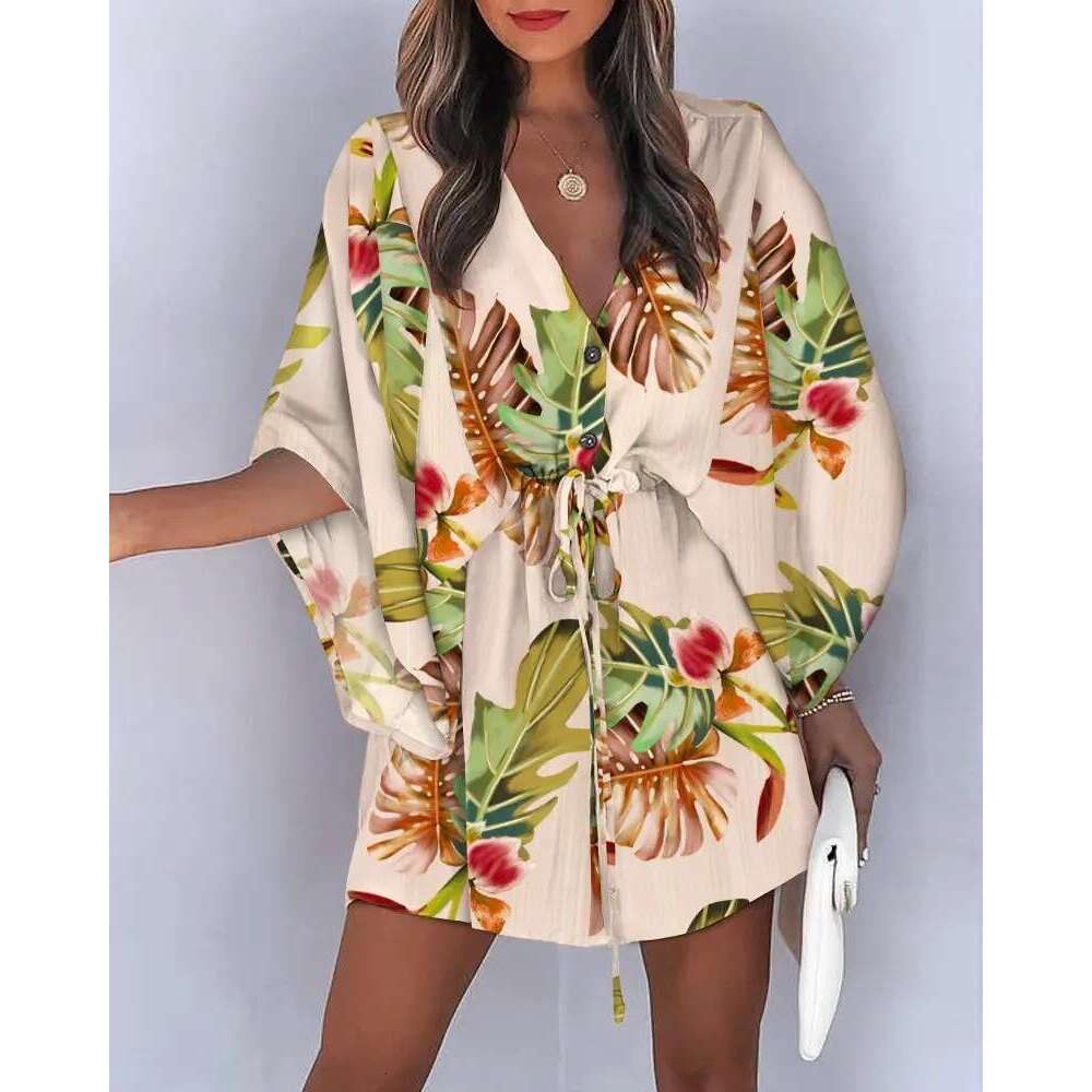 2025 Cross-Border European and American Summer Flutter Sleeve A-Line V-Neck Tie Casual Vacation Short Dress