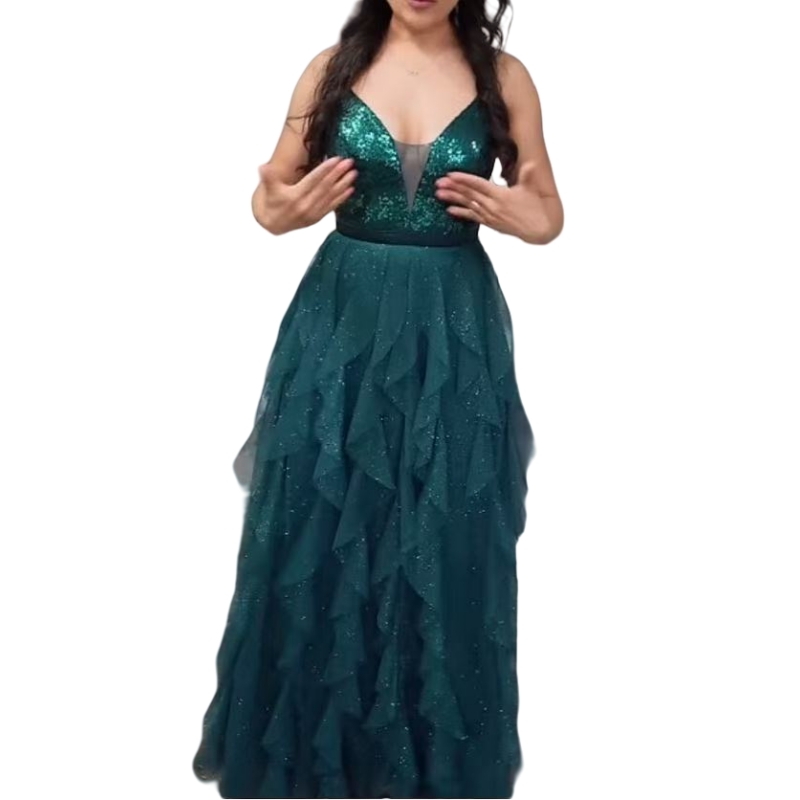 Glitter Ruffles Flowing Prom Dresses A-Line Floor Length Evening Gowns Sequined Sleeveless Spaghetti Straps Special Occasion Dress For Ladies