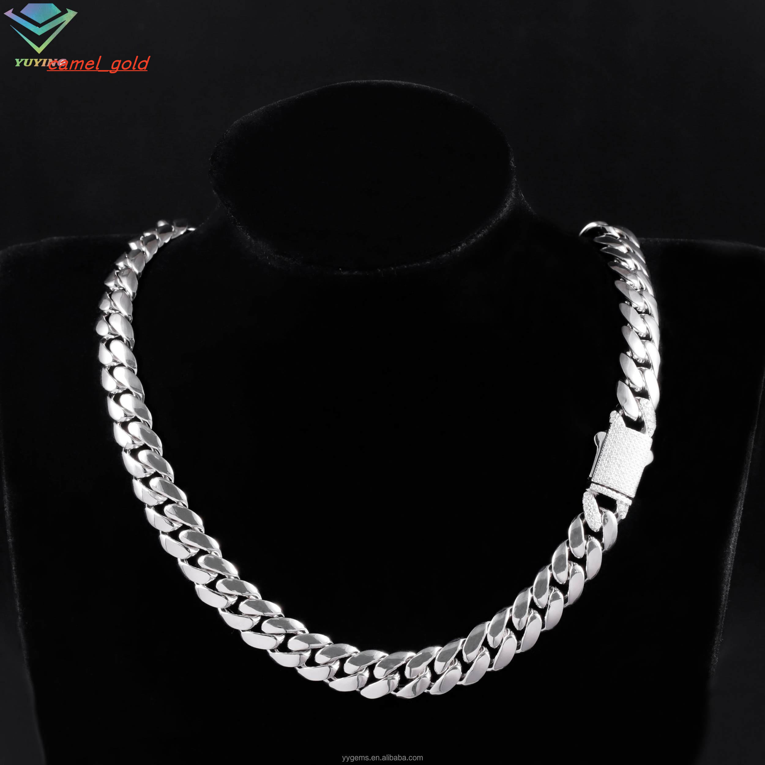 Spring/Snap Clasp White Gold Plated 8/10/13MM Miami Cuban Link Solid 925 Silver Plain Chain Moissanite Lock Cuban Chain Necklace