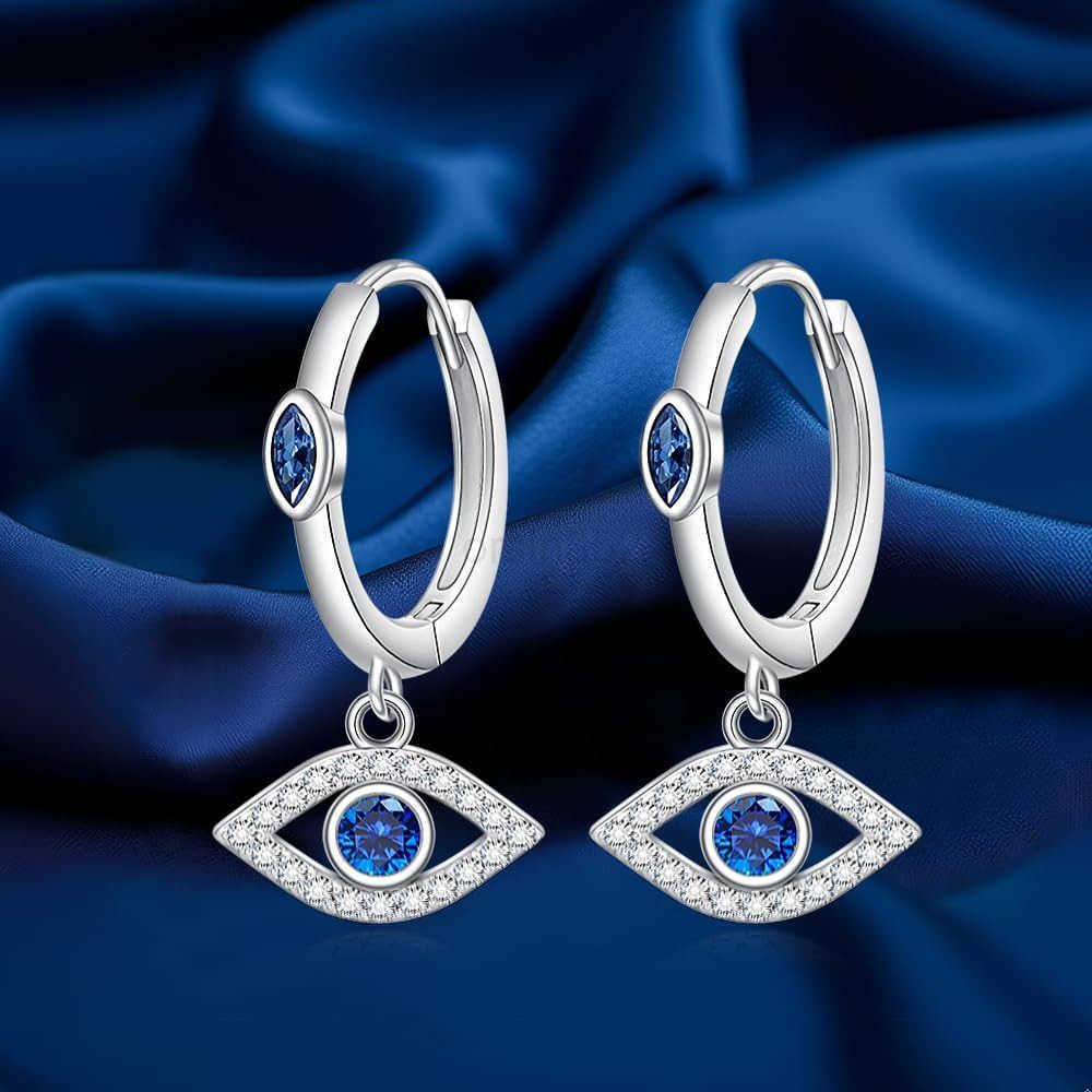 Eye Earrings for Women Sterling Silver Blue Greek Evil Eye Hoop Earrings Dangle Drop Protection Leverback Amulet Turkish Jewelry GiftsW250911
