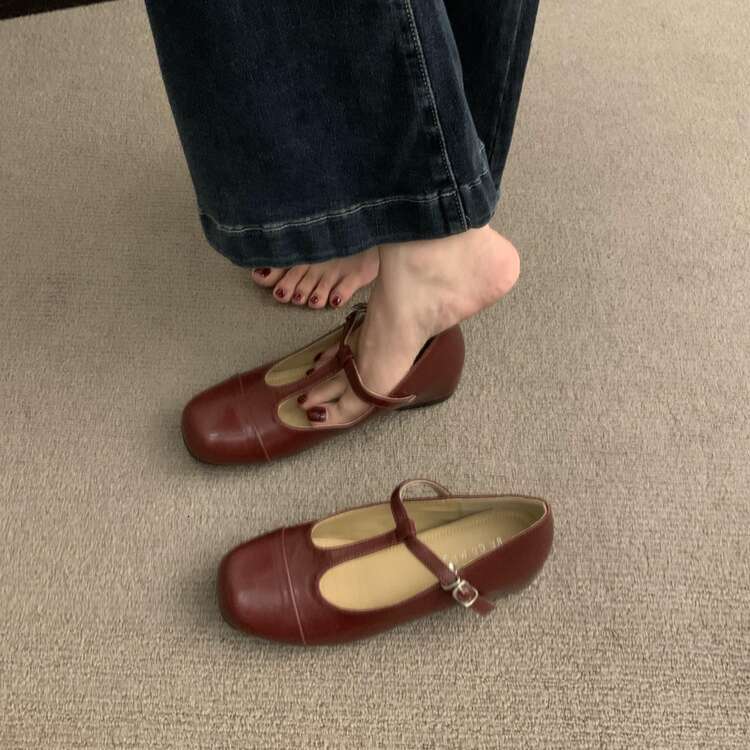French Style Squ Toe Shallow Mouth Mary Jane for Women Summer Designer Shoe New Grandma Casual T-Buckle Flat Single Shoes